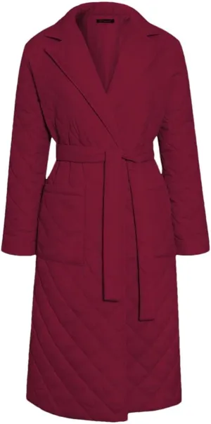 Women's Cotton-Padded Coat Lapel Loose Quilting Sashes Long Sleeve Pockets Parka Jackets red M