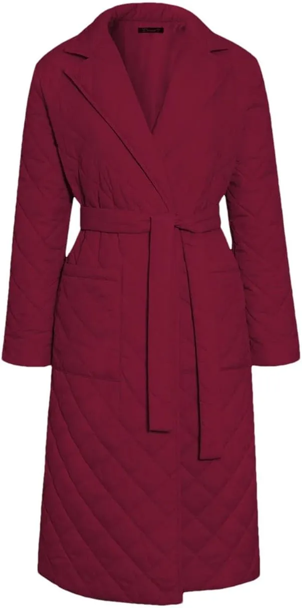 Women's Cotton-Padded Coat Lapel Loose Quilting Sashes Long Sleeve Pockets Parka Jackets red M