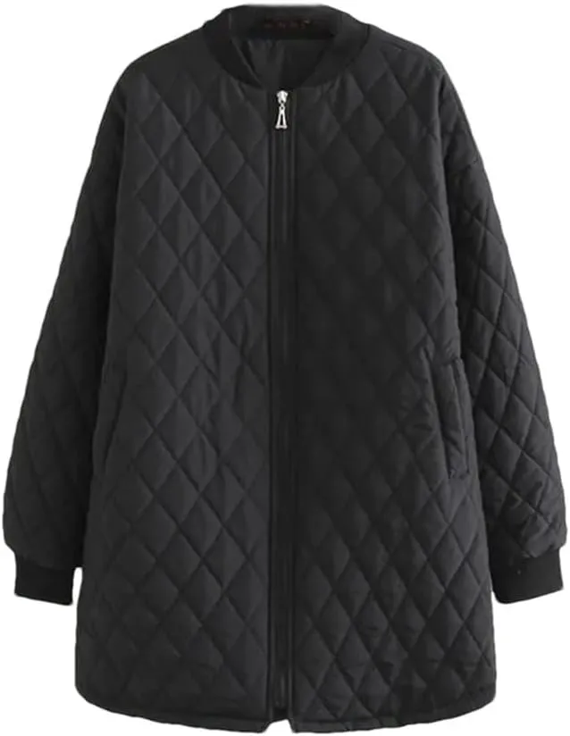 Women's Cotton Padded Parkas Autumn Winter Long Sleeve Zipper Wadded Jacket Argyle Coat
