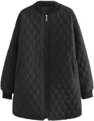 Women's Cotton Padded Parkas Autumn Winter Long Sleeve Zipper Wadded Jacket Argyle Coat