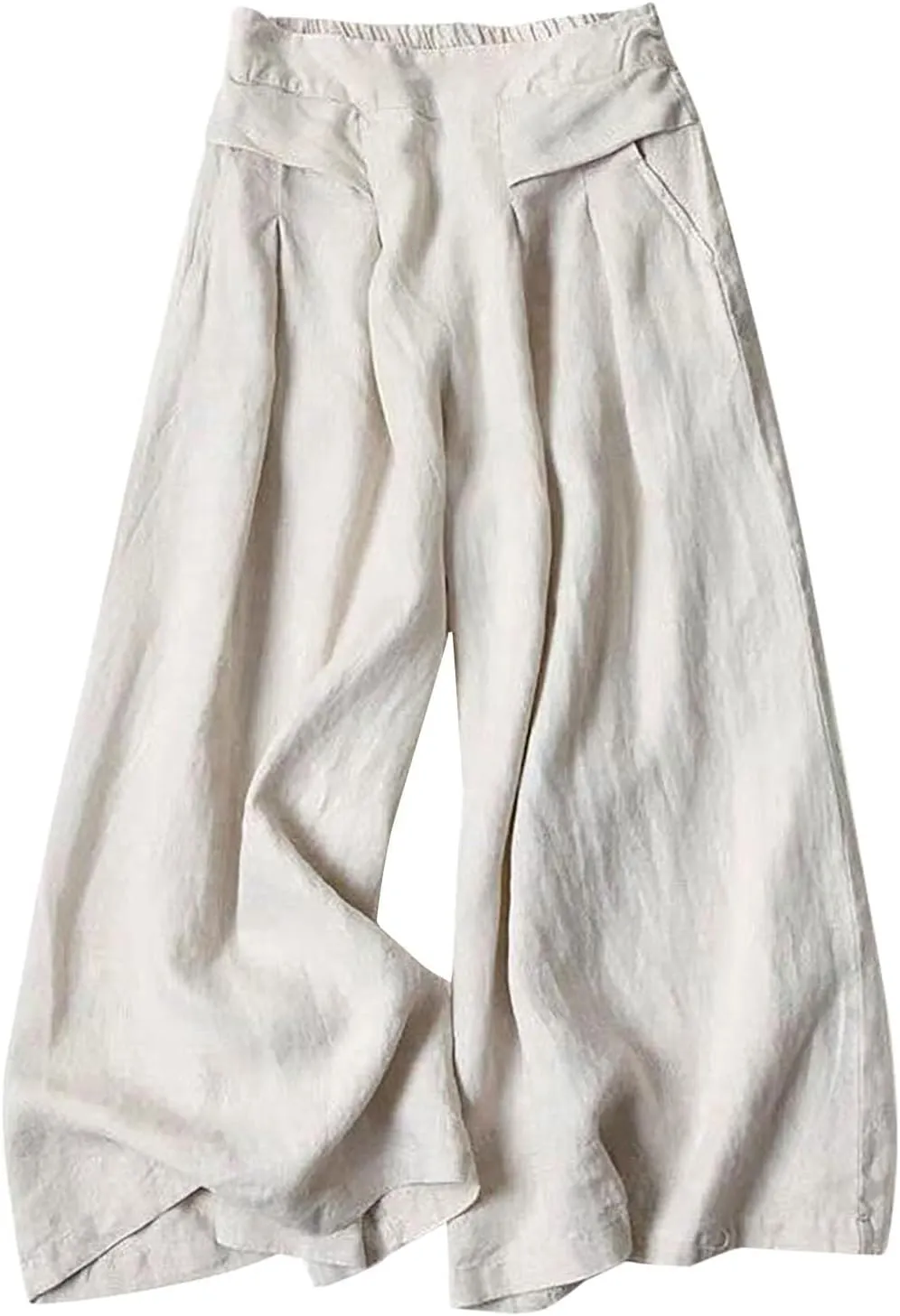 Womens Cropped Linen Pants Wide Leg Loose Summer Palazzo Pants High Waist Elastic Beach Flowy Casual Trouser