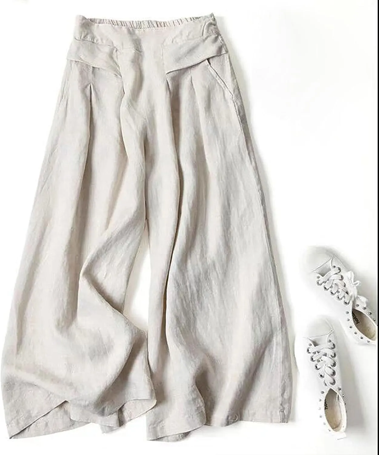 Womens Cropped Linen Pants Wide Leg Loose Summer Palazzo Pants High Waist Elastic Beach Flowy Casual Trouser