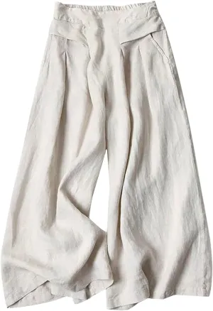 Womens Cropped Linen Pants Wide Leg Loose Summer Palazzo Pants High Waist Elastic Beach Flowy Casual Trouser