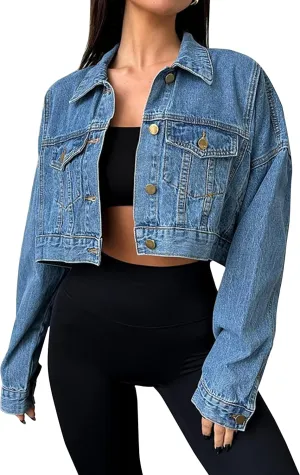 Women's Denim Jacket Button Down Long Sleeve Loose Oversized Jean Jacket Coats with Pocket