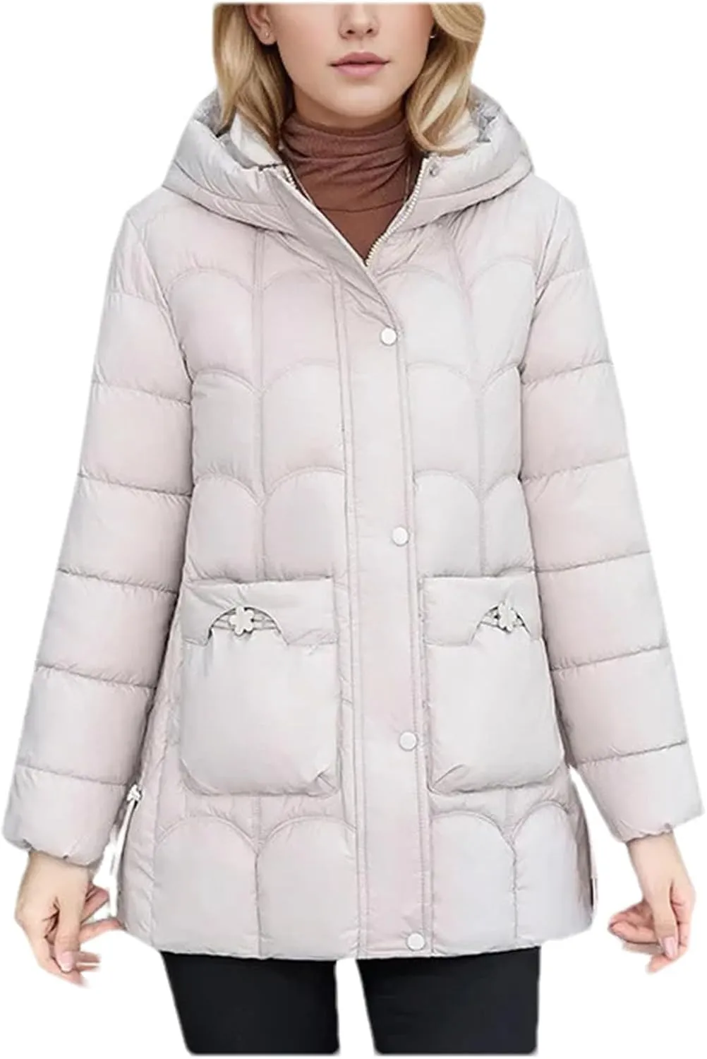 Women's Down Cotton Warm Coats Winter Stylish Midi Length Hooded Lightweight Padded Jacket Winter Parka