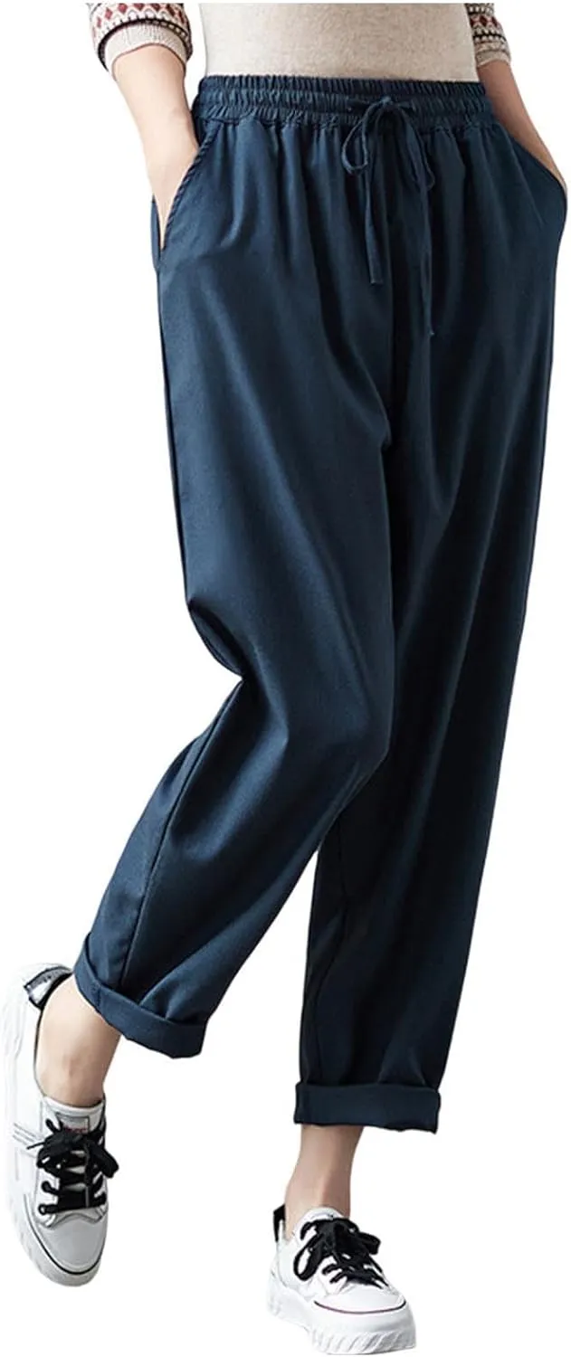 Women's Drawstring Harem Pant, Solid Color Loose Cotton Linen Casual Pants Summer Going Out Vacation Pockets Trousers