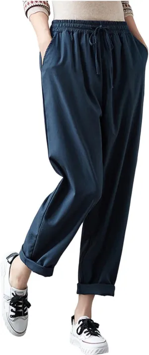 Women's Drawstring Harem Pant, Solid Color Loose Cotton Linen Casual Pants Summer Going Out Vacation Pockets Trousers