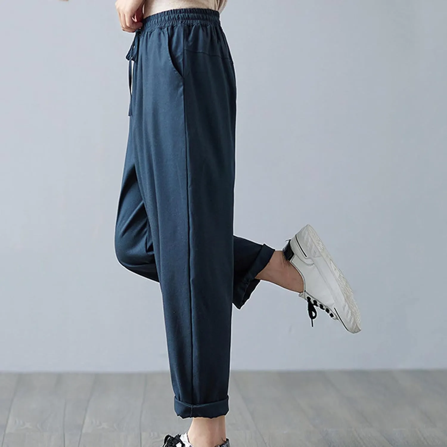 Women's Drawstring Harem Pant, Solid Color Loose Cotton Linen Casual Pants Summer Going Out Vacation Pockets Trousers