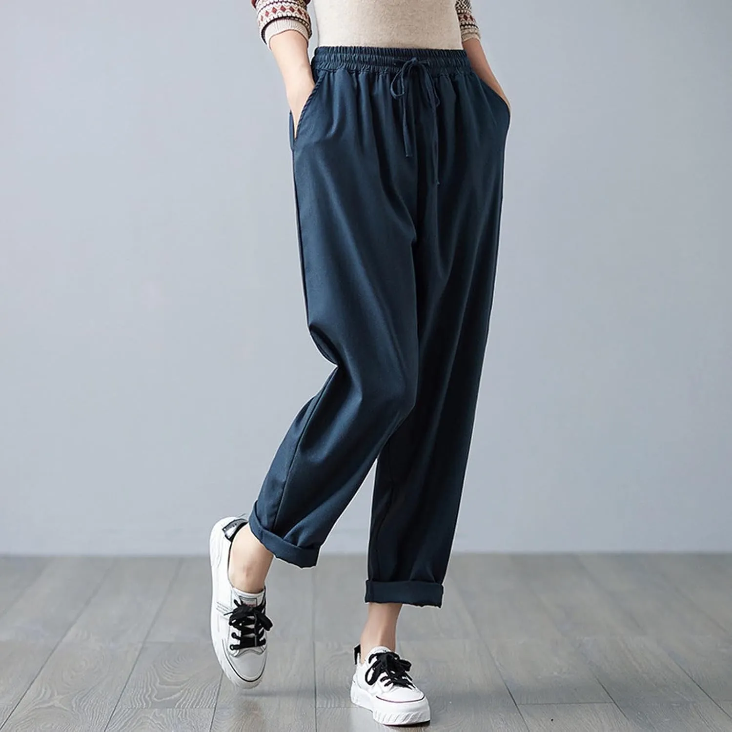 Women's Drawstring Harem Pant, Solid Color Loose Cotton Linen Casual Pants Summer Going Out Vacation Pockets Trousers