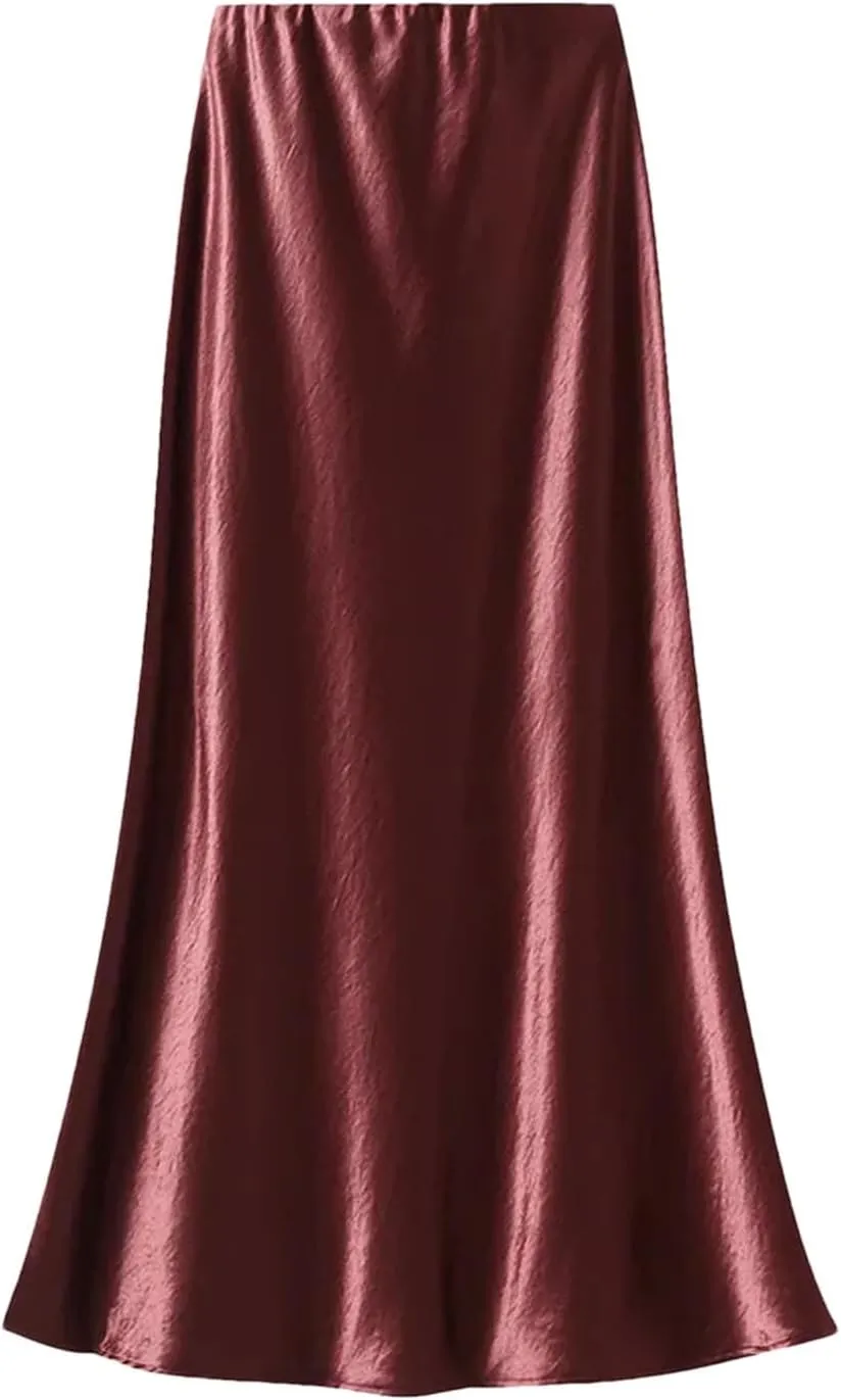 Women's Elegant Satin Skirt for Women - Pleated Flowing Tight Midi Skirt for Party