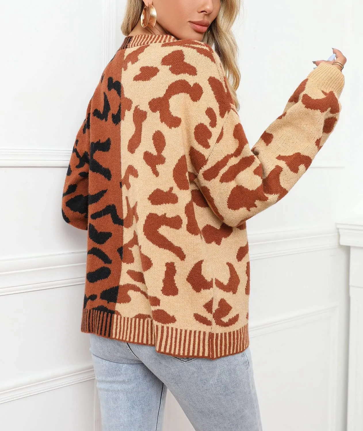 Women's Fall Color Block Leopard Print Cardigan Sweater Button Down Ribbed Knit Coatigan Coat