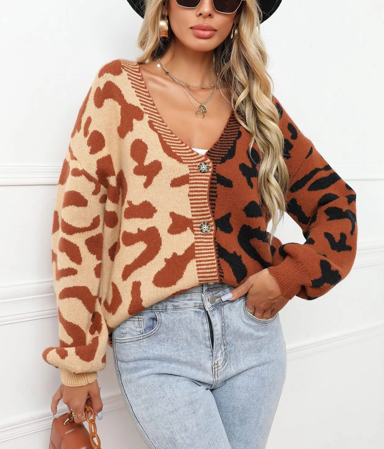 Women's Fall Color Block Leopard Print Cardigan Sweater Button Down Ribbed Knit Coatigan Coat