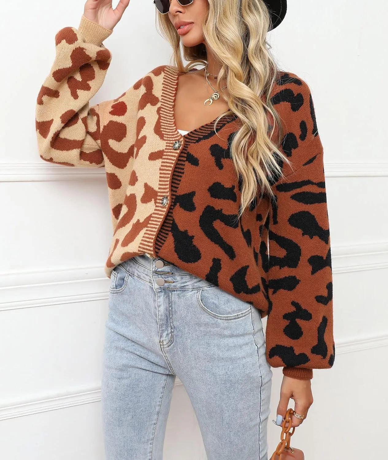 Women's Fall Color Block Leopard Print Cardigan Sweater Button Down Ribbed Knit Coatigan Coat