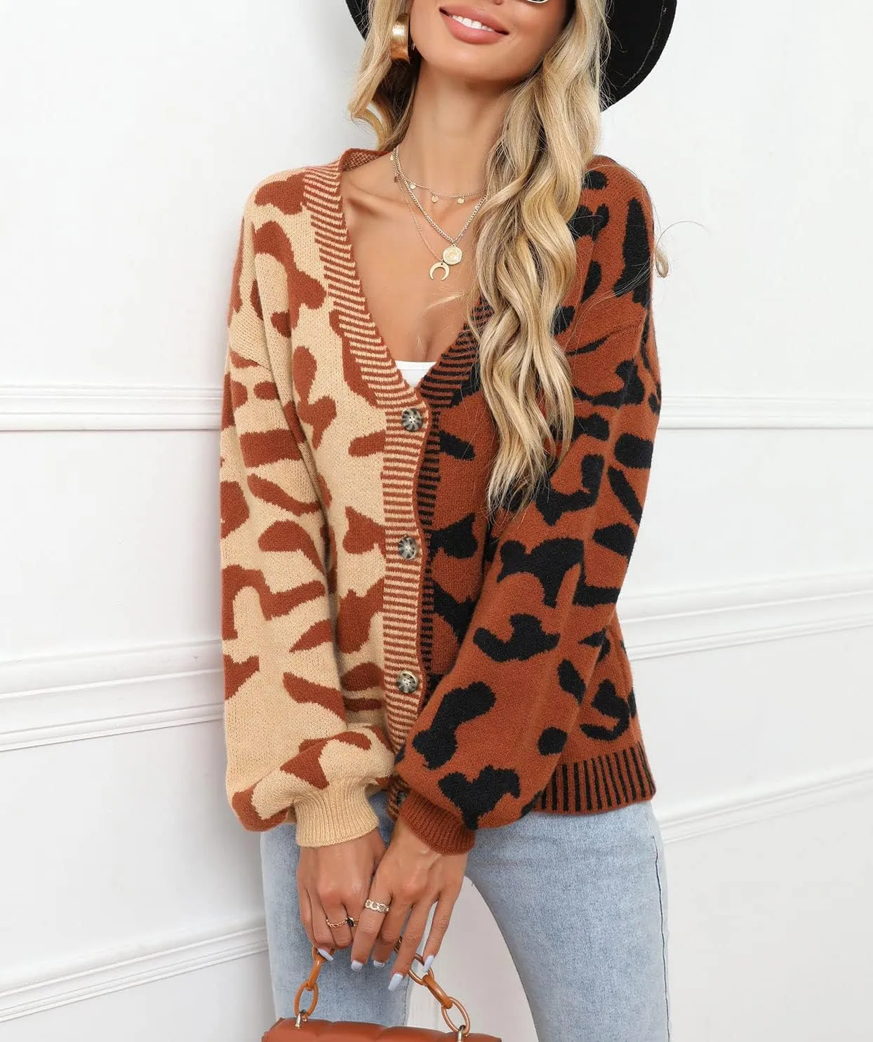 Women's Fall Color Block Leopard Print Cardigan Sweater Button Down Ribbed Knit Coatigan Coat