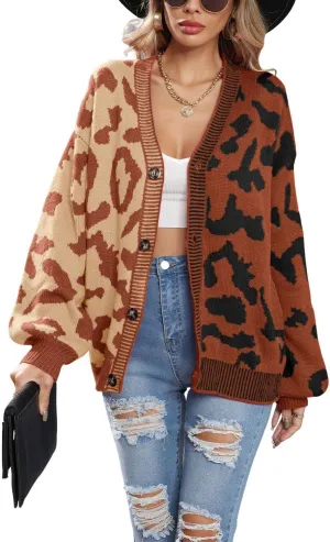 Women's Fall Color Block Leopard Print Cardigan Sweater Button Down Ribbed Knit Coatigan Coat