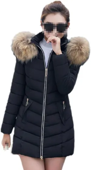 Women's Fashion Down Jacket Winter Long Zipper Slim Coats Fur Collar Hooded Parka