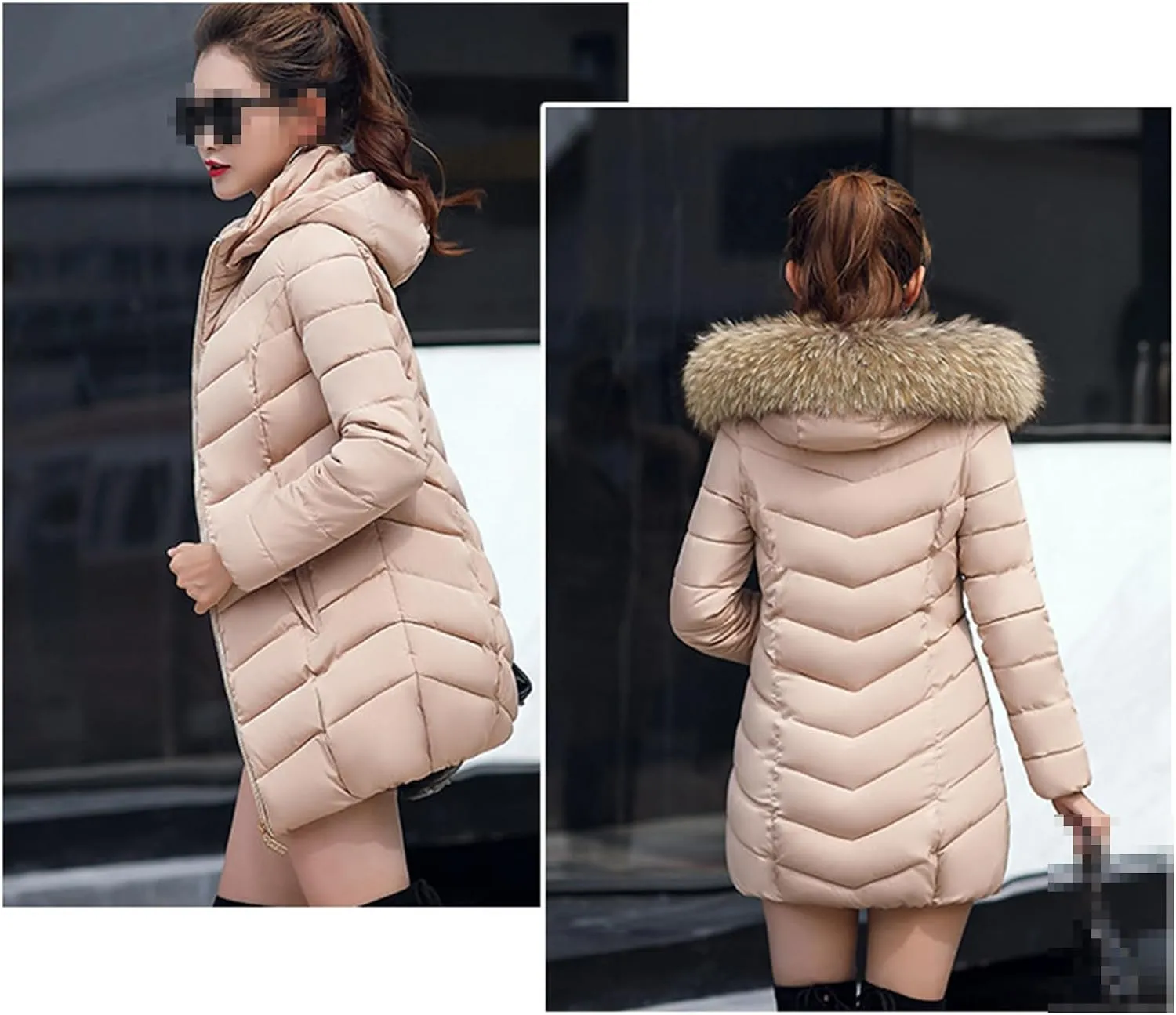 Women's Fashion Down Jacket Winter Long Zipper Slim Coats Fur Collar Hooded Parka