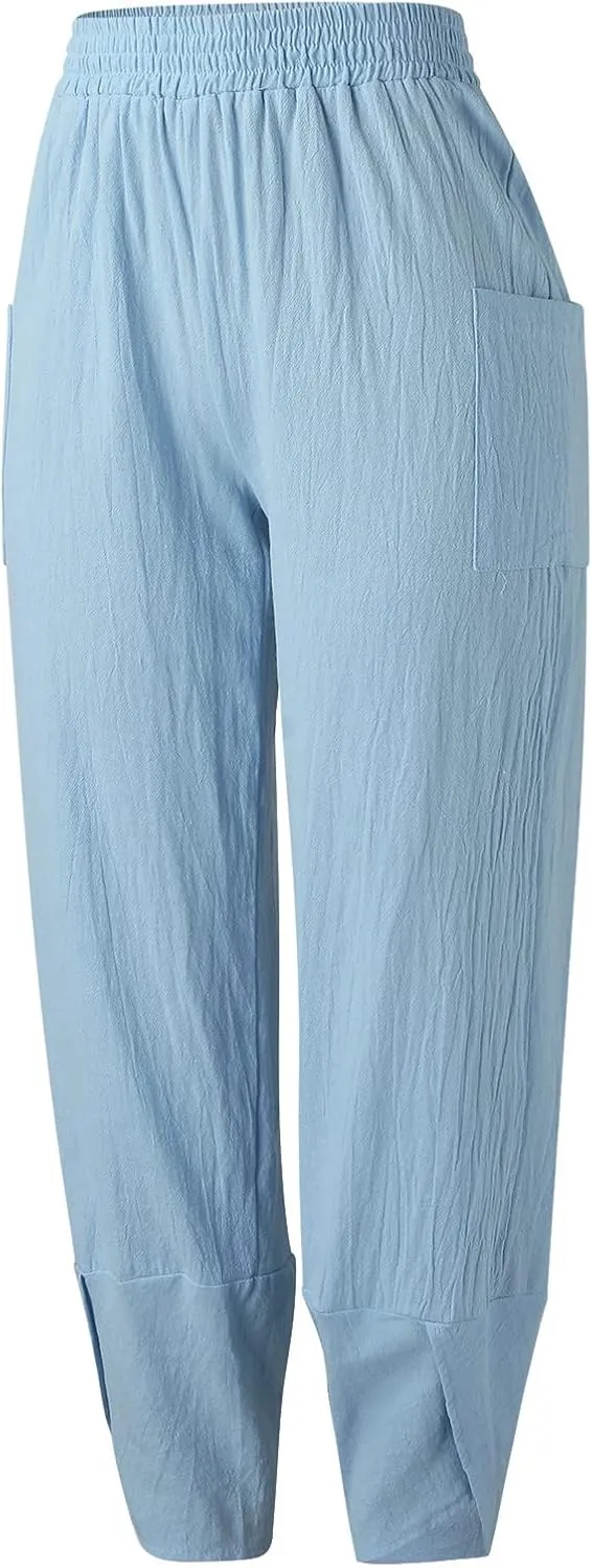 Womens Fashion Long Pant Elastic Waist High Waist Casual Trousers Womens Plus Size Casual Pants Suits for Wedding