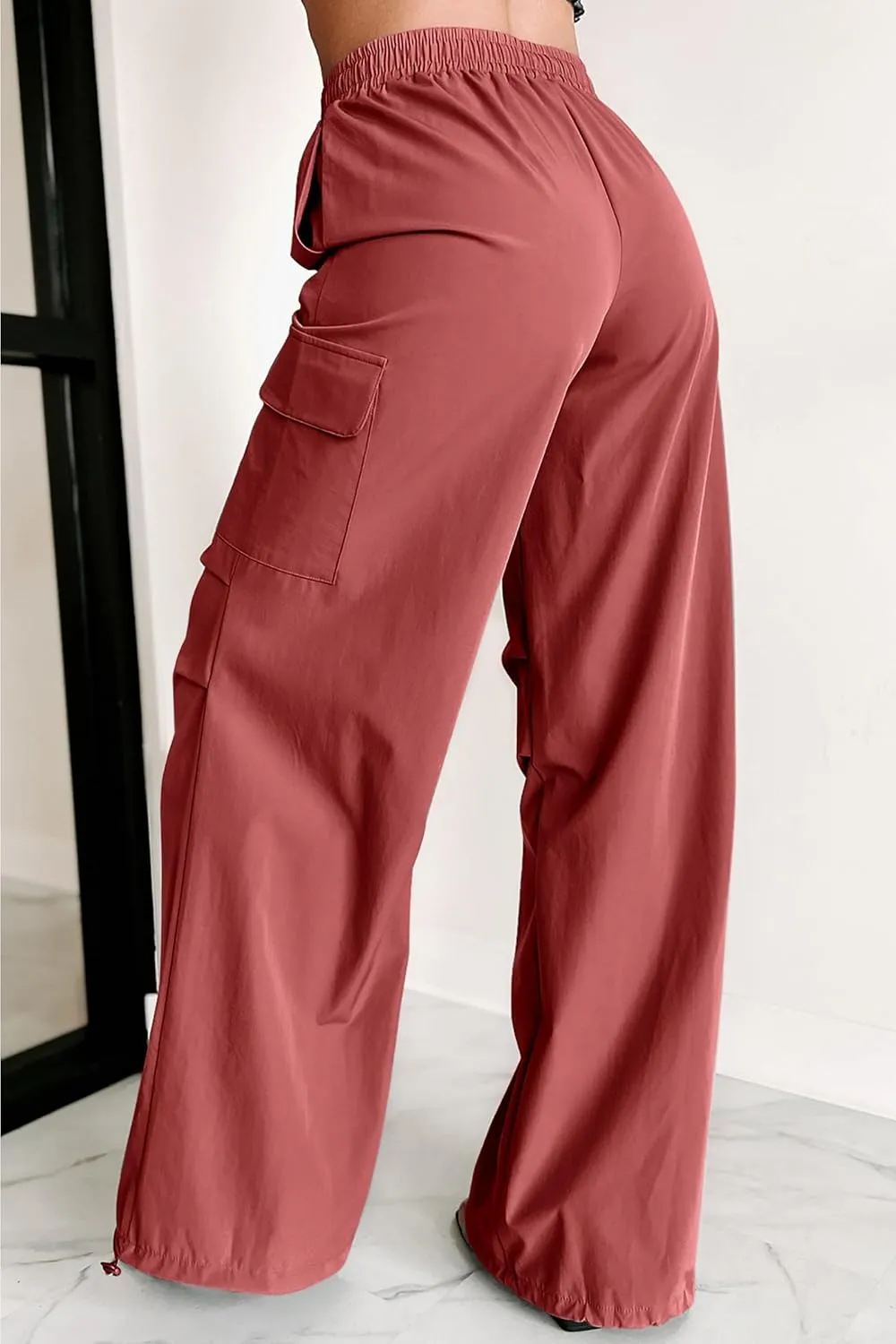 Women's Fashion Parachute Pants Y2K Baggy High Waisted Wide Leg Drawstring Cargo Pants with Pockets 2024