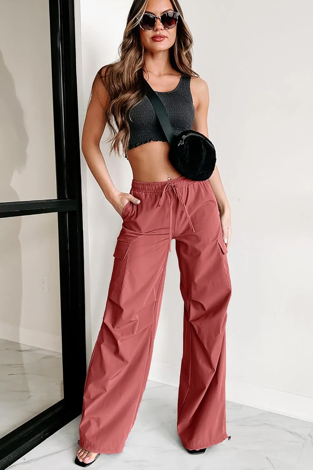 Women's Fashion Parachute Pants Y2K Baggy High Waisted Wide Leg Drawstring Cargo Pants with Pockets 2024
