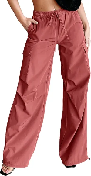 Women's Fashion Parachute Pants Y2K Baggy High Waisted Wide Leg Drawstring Cargo Pants with Pockets 2024