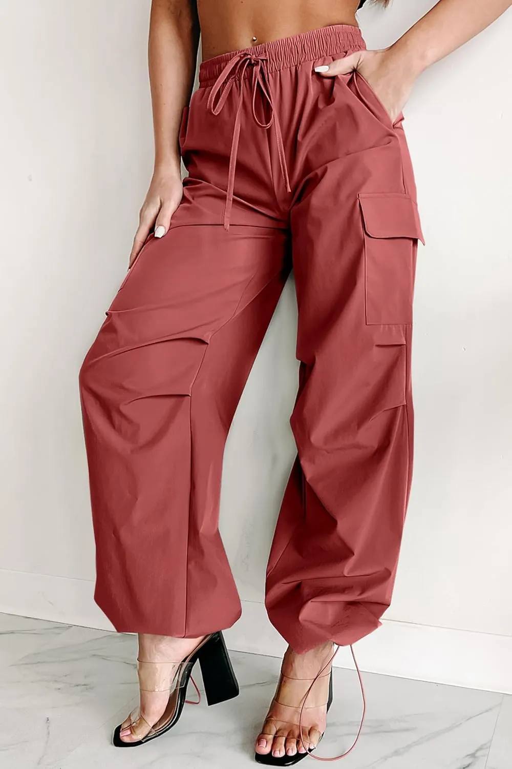 Women's Fashion Parachute Pants Y2K Baggy High Waisted Wide Leg Drawstring Cargo Pants with Pockets 2024