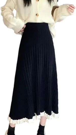 Women's Fashion Ruffle Hem Knitted Midi Skirts Spliced Elastic High Waist A-Line Pleated Skirts Female Weekend Skirt
