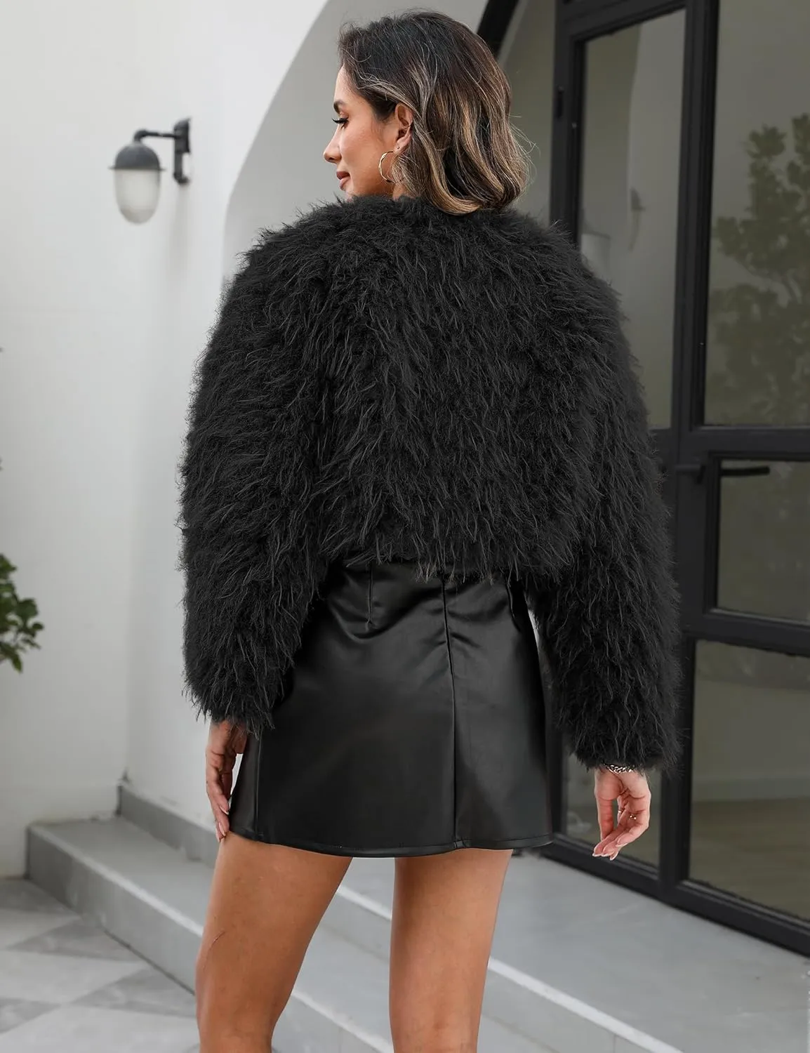 Womens Faux Fur Cropped Coats Long Sleeve Open Front Cardigan Top Fluffy Warm Outwear with Pocket