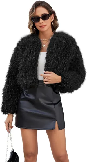 Womens Faux Fur Cropped Coats Long Sleeve Open Front Cardigan Top Fluffy Warm Outwear with Pocket