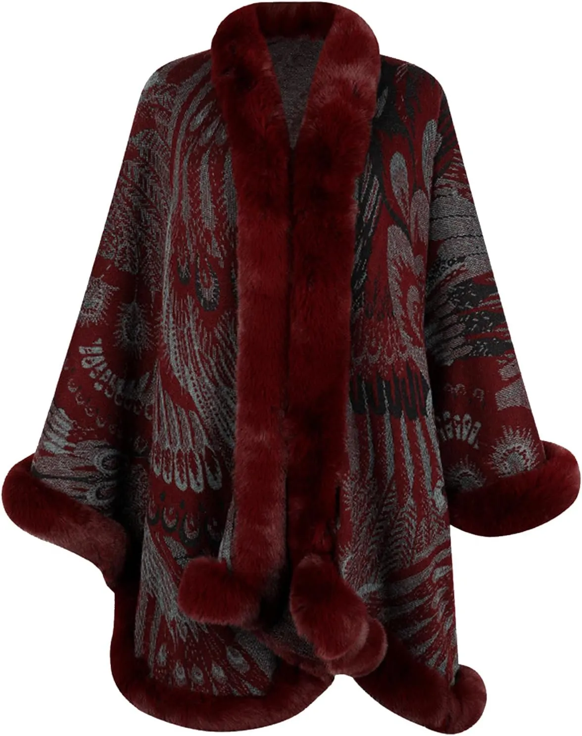Womens Faux Fur Trim Coat Shawls Wrap Winter Vintage Open Front Cardigan Poncho Cape Cloak