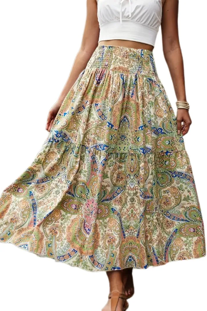 Women's Floral Boho Maxi Sun Skirt High Waist Flowy A Line Skirts Summer Casual Beach Vacation Mini Skirts