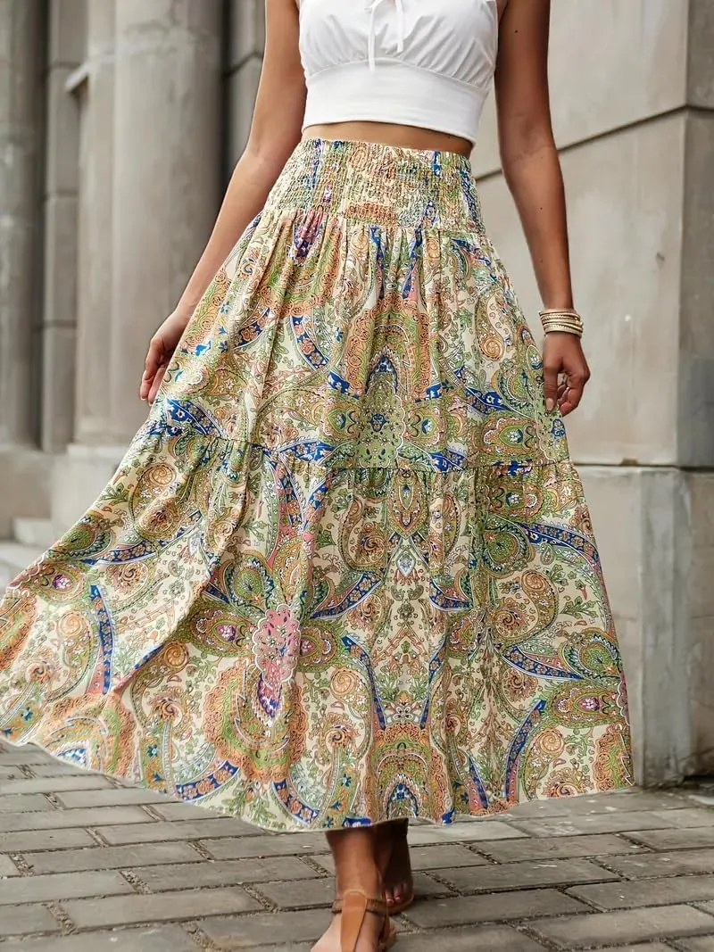 Women's Floral Boho Maxi Sun Skirt High Waist Flowy A Line Skirts Summer Casual Beach Vacation Mini Skirts