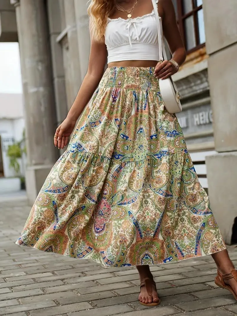 Women's Floral Boho Maxi Sun Skirt High Waist Flowy A Line Skirts Summer Casual Beach Vacation Mini Skirts