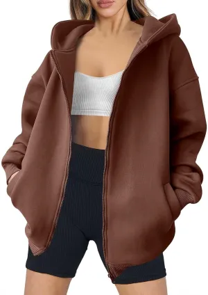 Women's Full Zip Up Sweatshirt Oversized Hooded Jacket Trendy Fleece Lined Hoodies Lightweight Gym Coats with Pockets