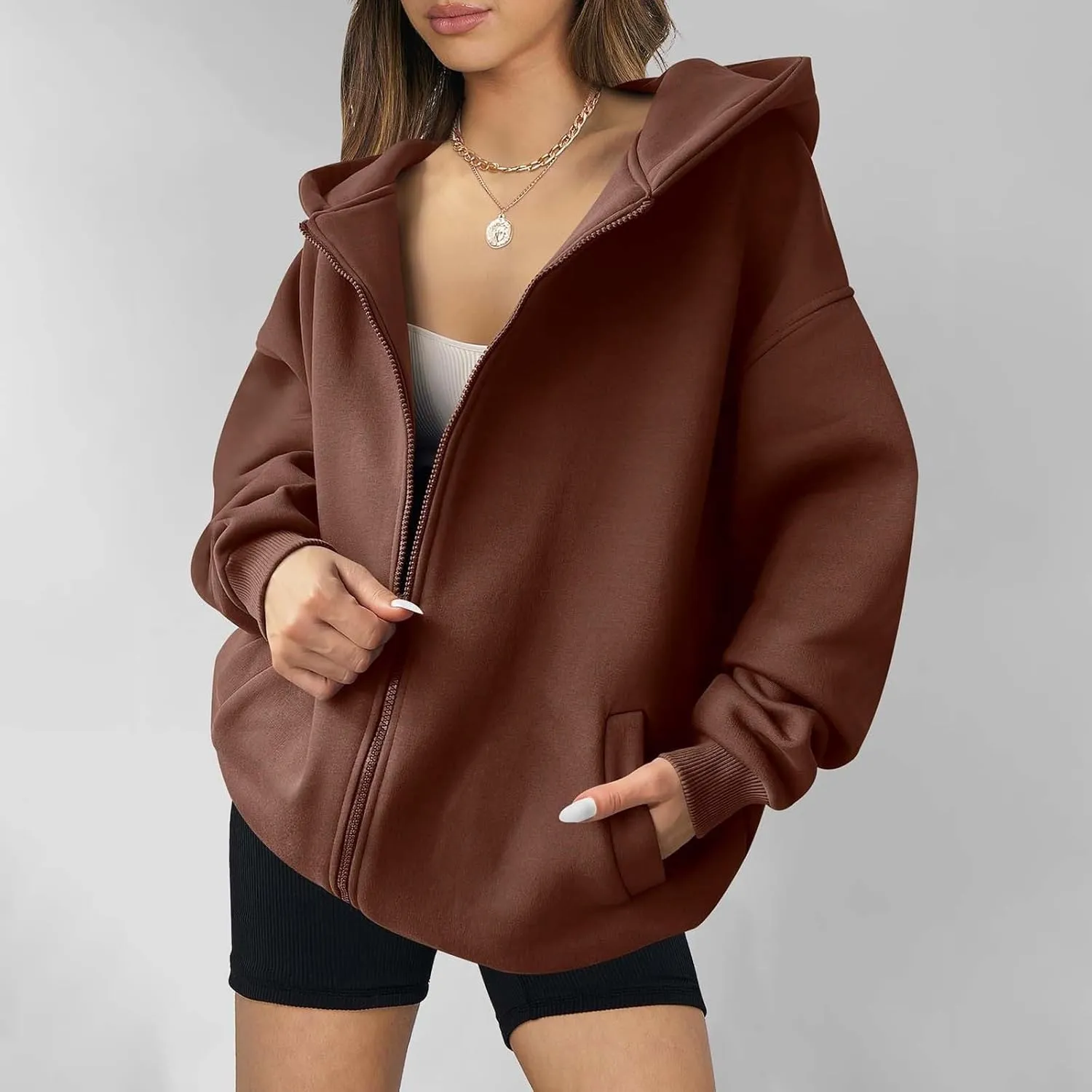 Women's Full Zip Up Sweatshirt Oversized Hooded Jacket Trendy Fleece Lined Hoodies Lightweight Gym Coats with Pockets