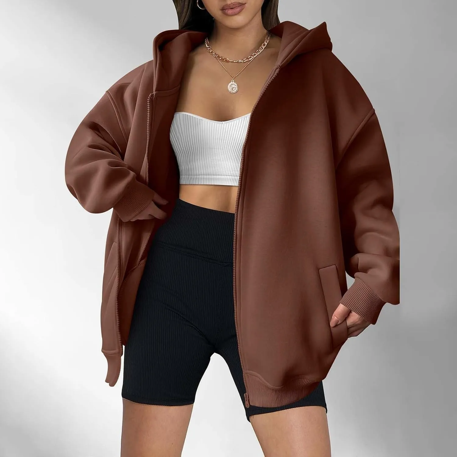 Women's Full Zip Up Sweatshirt Oversized Hooded Jacket Trendy Fleece Lined Hoodies Lightweight Gym Coats with Pockets