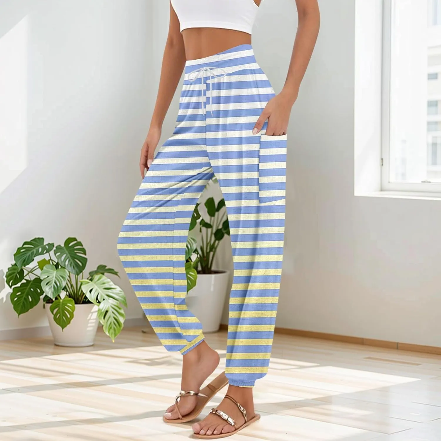 Women's Harem Pants, Hippie Palazzo Pants Boho Joggers High Waist Drawstring Trousers Flowy Clothes Pant with Pockets E0
