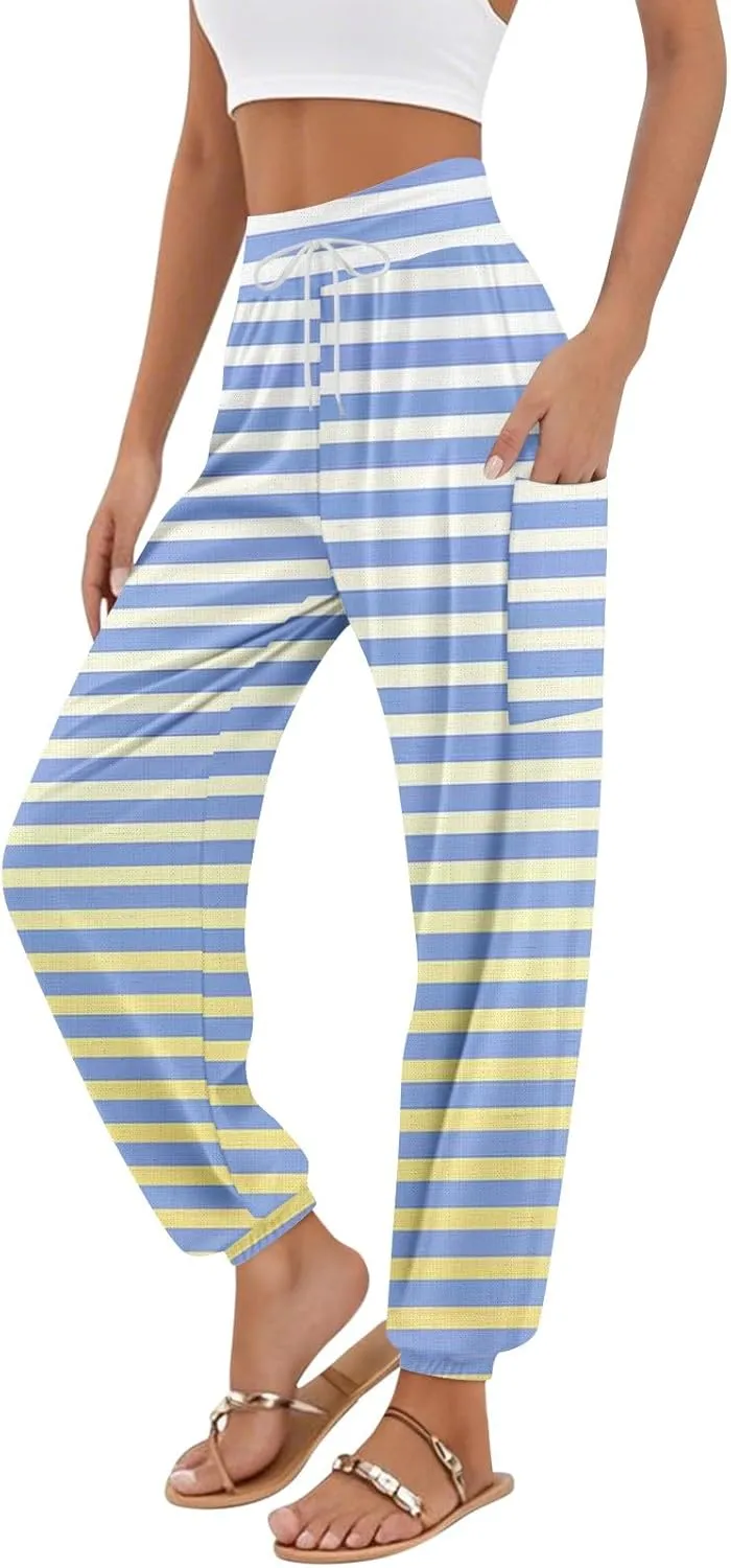Women's Harem Pants, Hippie Palazzo Pants Boho Joggers High Waist Drawstring Trousers Flowy Clothes Pant with Pockets E0