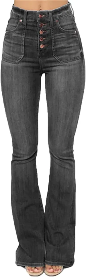 Women's High Waist Buttons Jeans Waist Full Length Rise Flare Jean Pants Multi-Button Skinny Casual Denim Trousers (Small,Black)