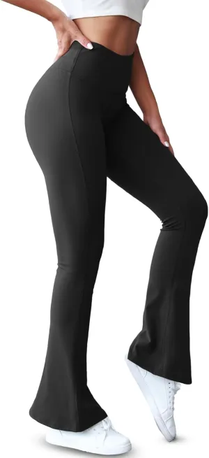 Womens High Waist Flare Yoga Leggings Scrunch Butt Lifting Bell Bottoms Bootcut Workout Pants with Pockets