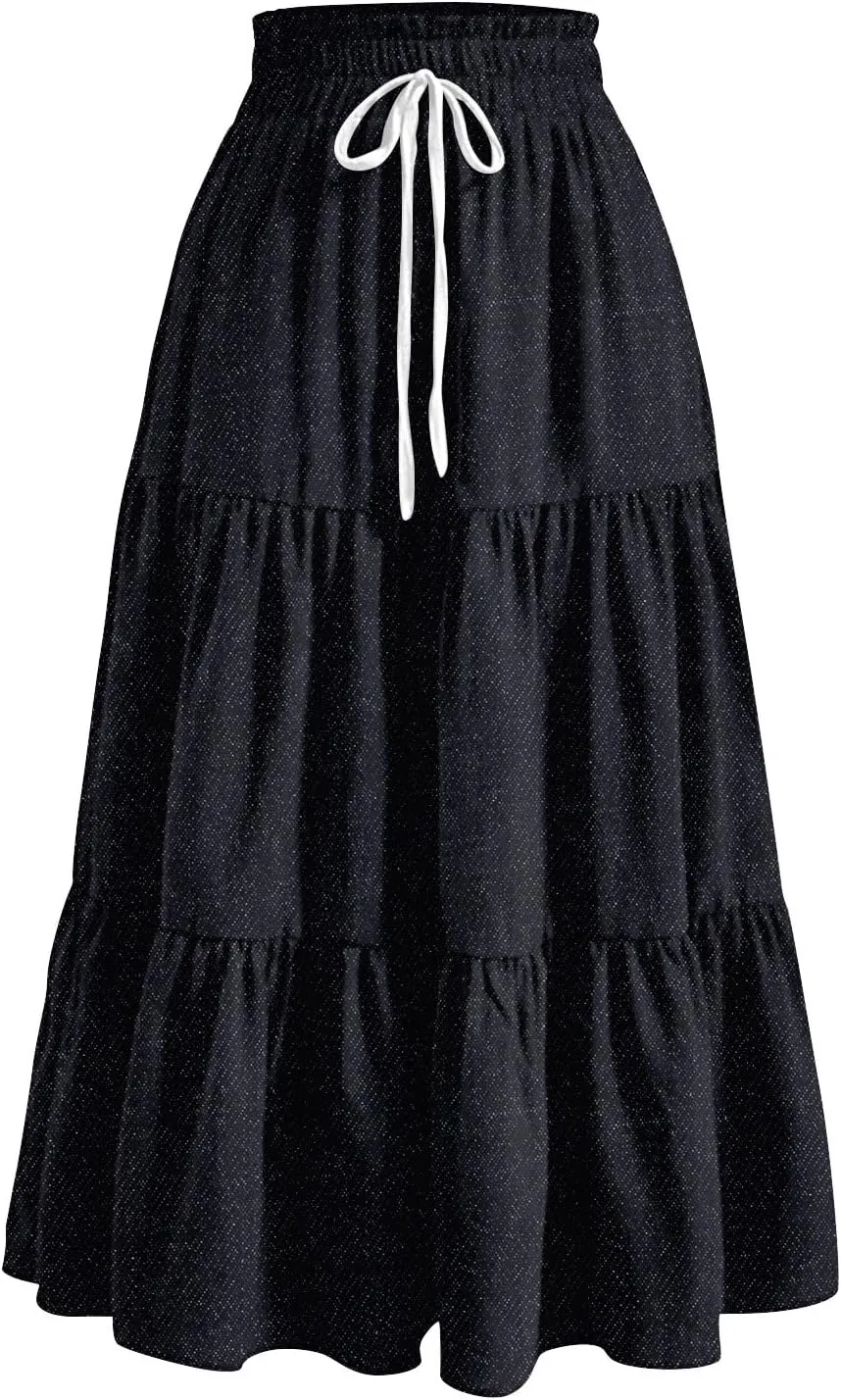 Women's High Waist Long Maxi Skirt Denim Print Flowy Boho A Line Summer Casual Beach Long Skirts
