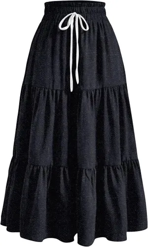 Women's High Waist Long Maxi Skirt Denim Print Flowy Boho A Line Summer Casual Beach Long Skirts