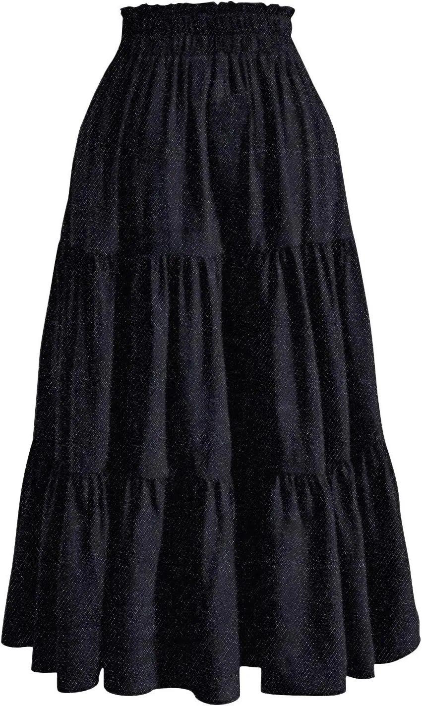 Women's High Waist Long Maxi Skirt Denim Print Flowy Boho A Line Summer Casual Beach Long Skirts