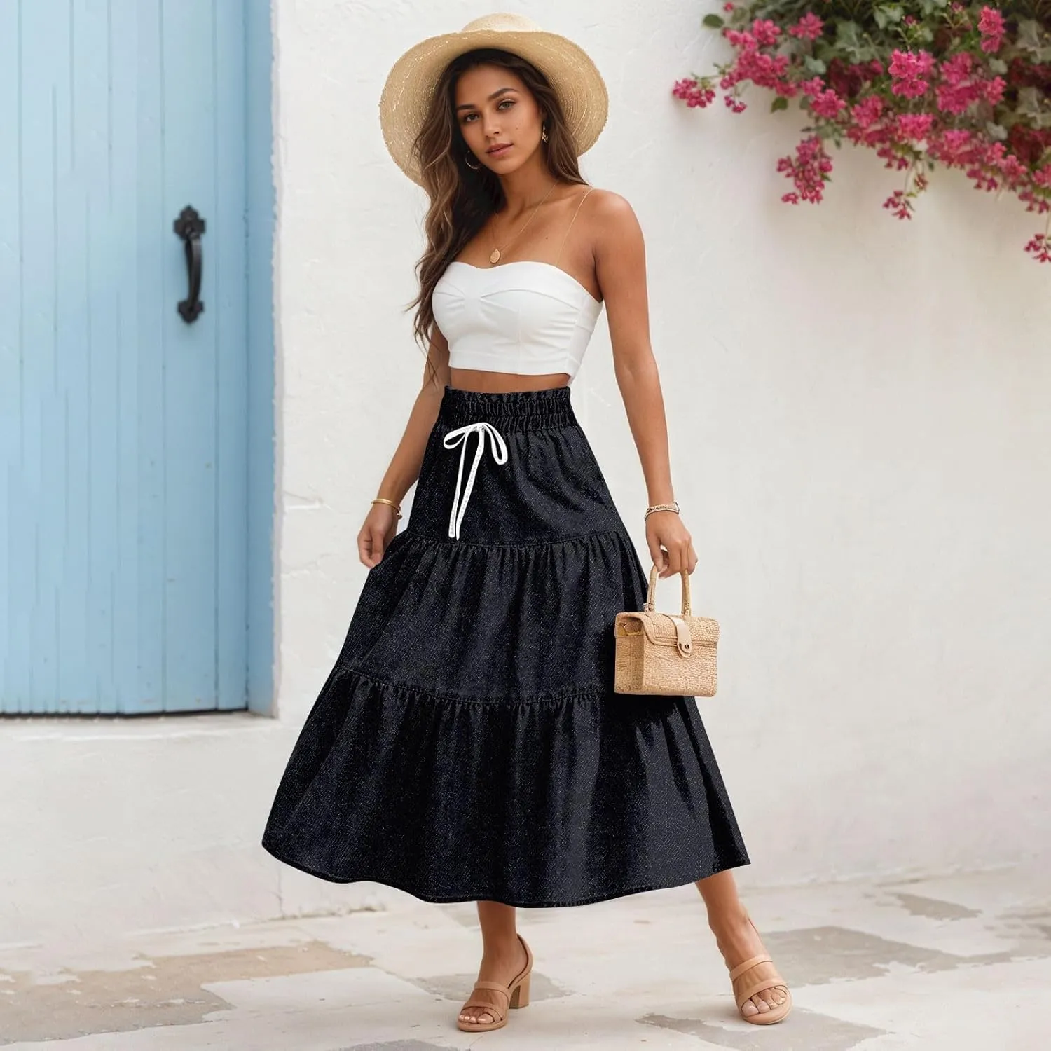 Women's High Waist Long Maxi Skirt Denim Print Flowy Boho A Line Summer Casual Beach Long Skirts