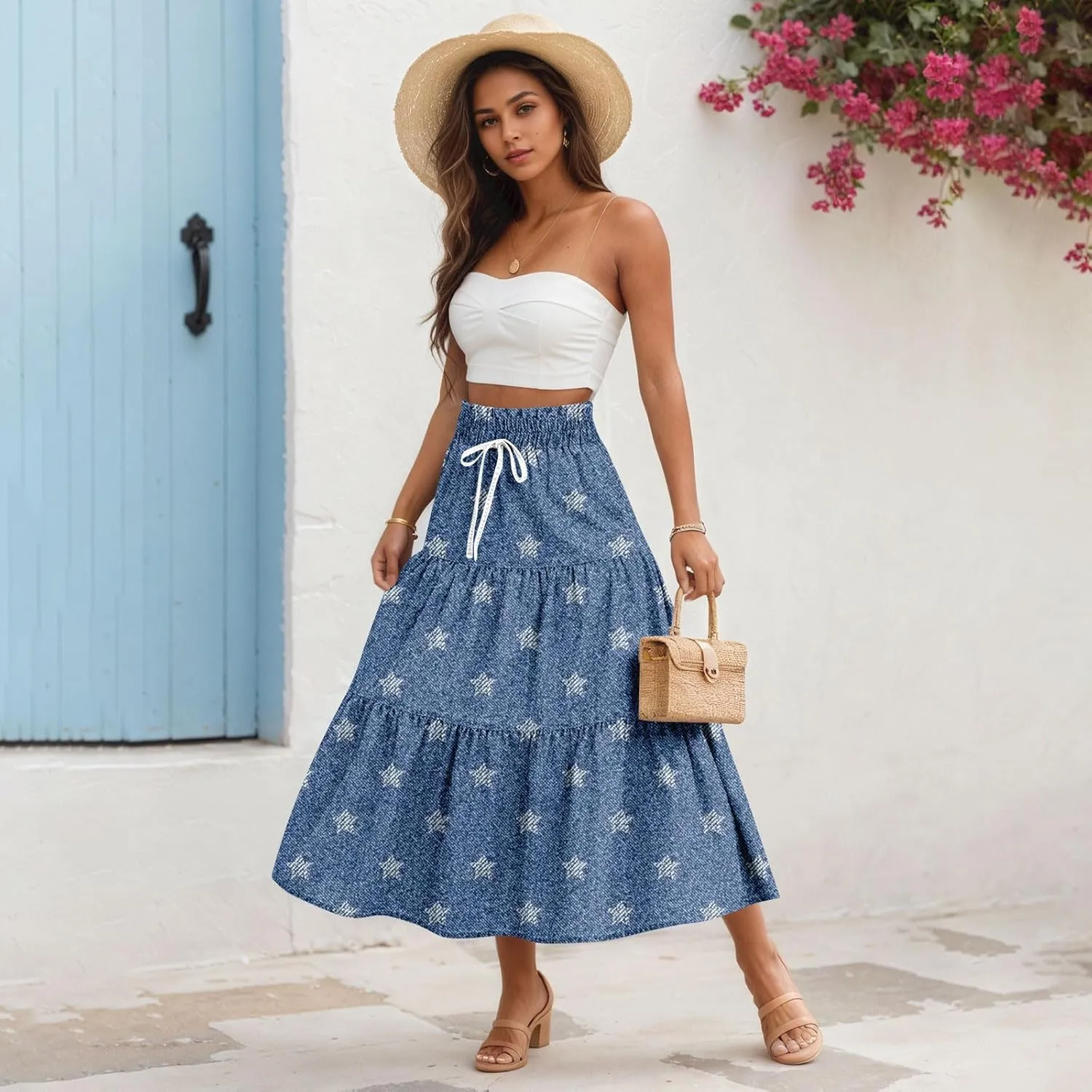 Women's High Waist Long Maxi Skirt Denim Print Flowy Boho A Line Summer Casual Beach Long Skirts