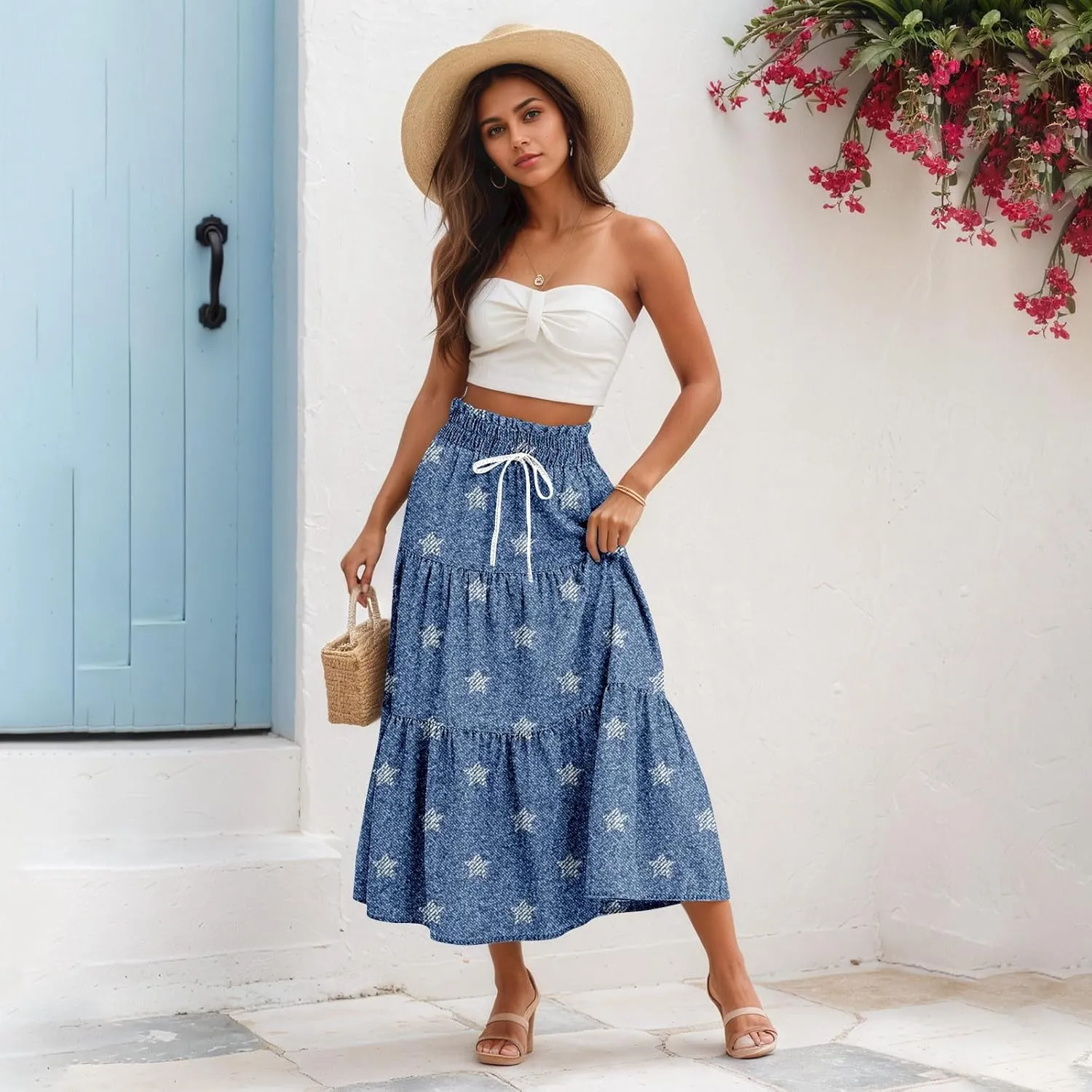 Women's High Waist Long Maxi Skirt Denim Print Flowy Boho A Line Summer Casual Beach Long Skirts