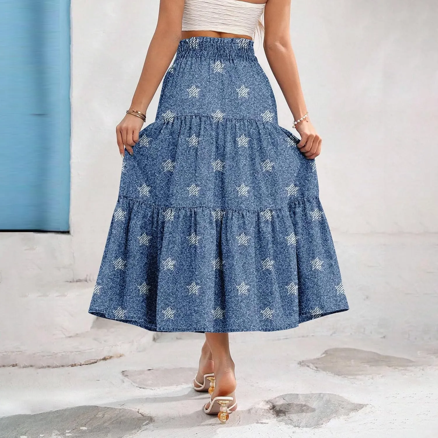Women's High Waist Long Maxi Skirt Denim Print Flowy Boho A Line Summer Casual Beach Long Skirts