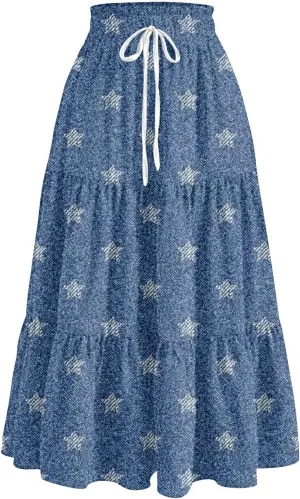Women's High Waist Long Maxi Skirt Denim Print Flowy Boho A Line Summer Casual Beach Long Skirts