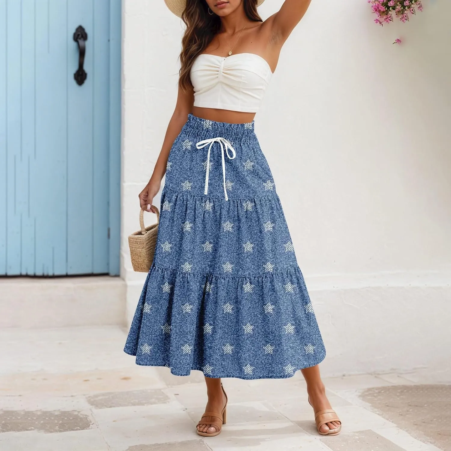 Women's High Waist Long Maxi Skirt Denim Print Flowy Boho A Line Summer Casual Beach Long Skirts