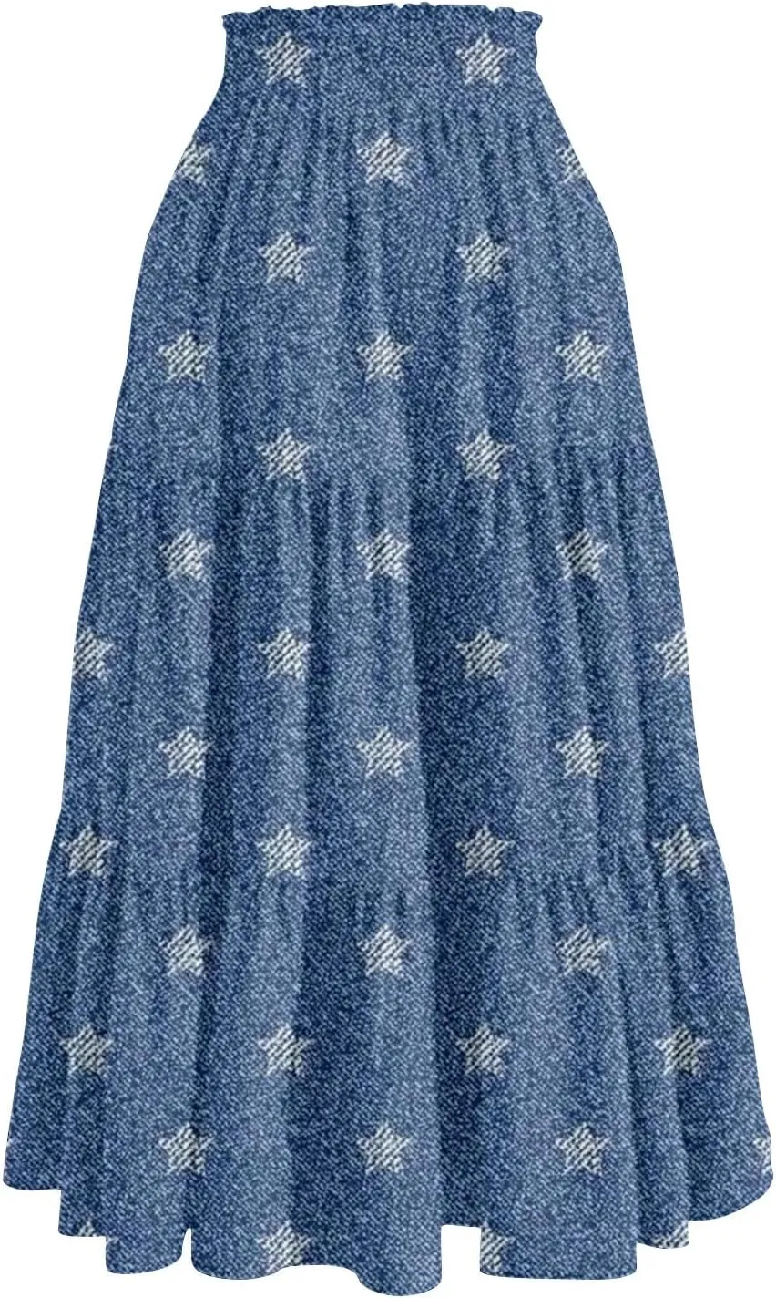 Women's High Waist Long Maxi Skirt Denim Print Flowy Boho A Line Summer Casual Beach Long Skirts